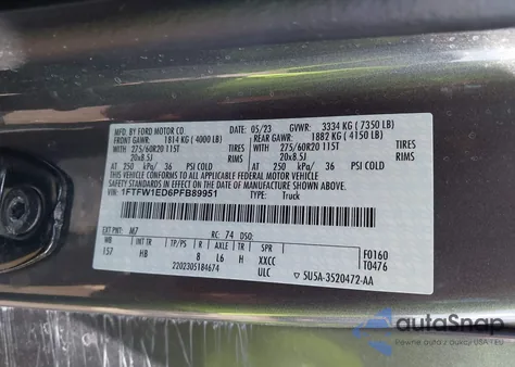 2023 Ford F-150 Lariat z USA, uszkodzony, nr VIN 1FTFW1ED6PFB89951